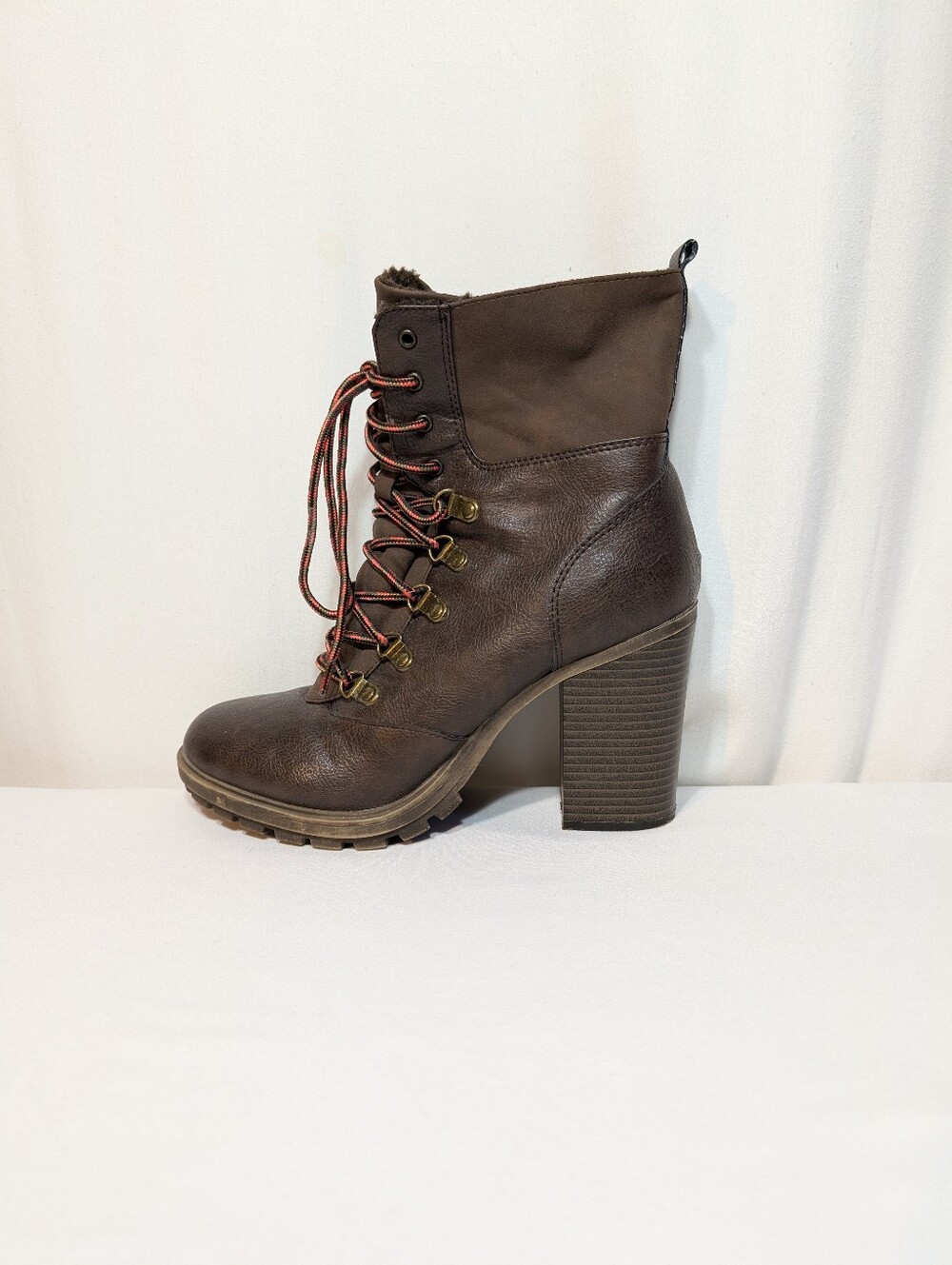UnionBay Dark Brown Lionel Heeled Fleece Combat Boots Booties Lace Up Heel 8.5 M